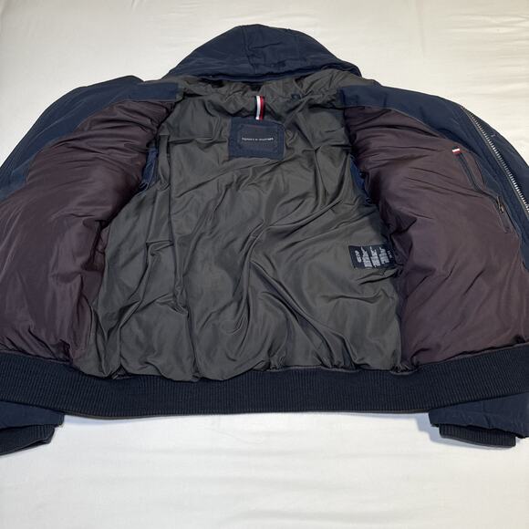 Tommy Hilfiger Mens Large Puffer Jacket Hooded Winter Coat Logo Patch Navy Blue - Picture 6 of 16